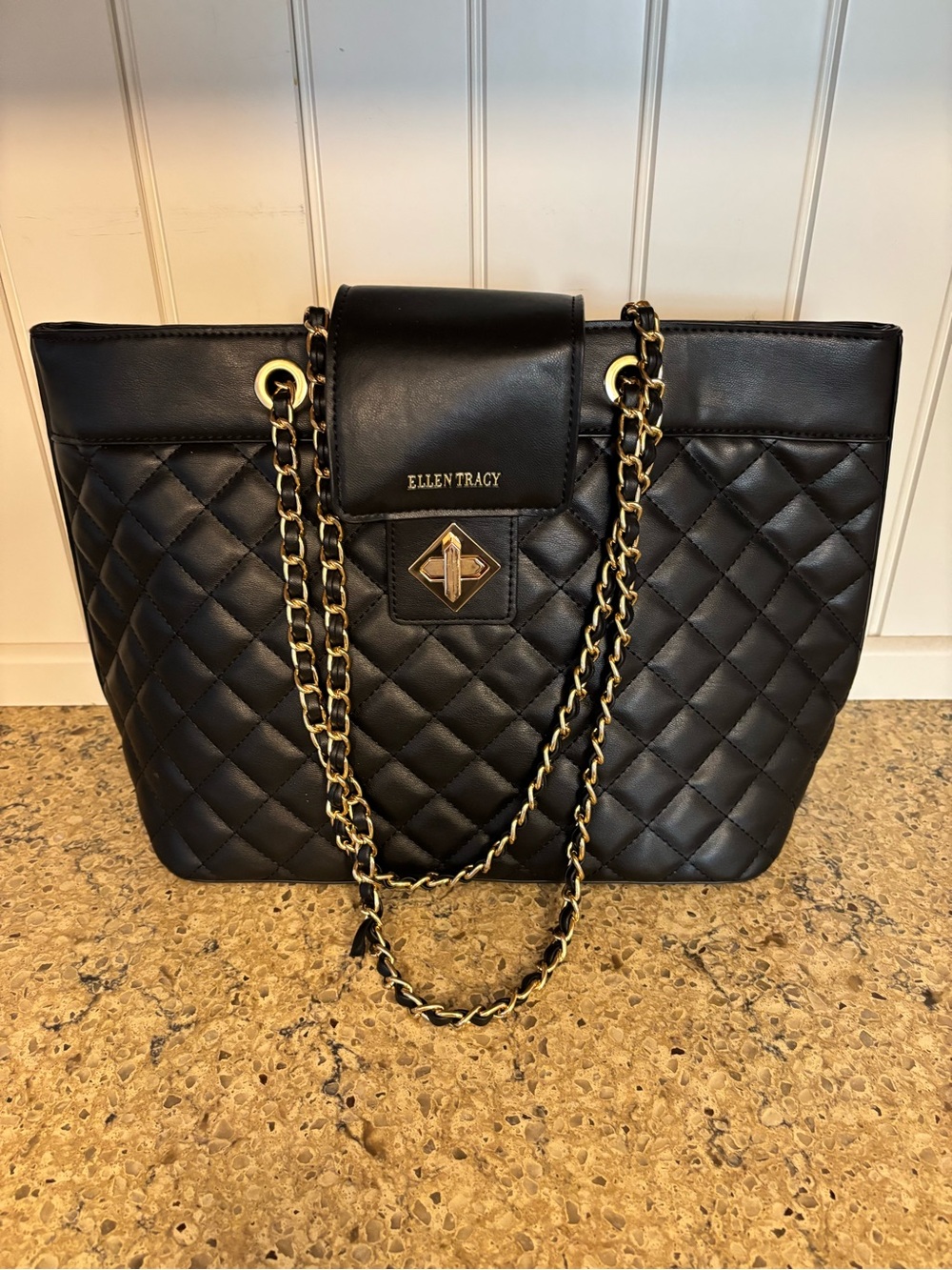 Ellen Tracy Black Quilted Tote with Gold Chain Handles Excellent Condition!